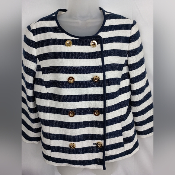 JONES NEW YORK Navy White Striped Nautical Blazer work pinstriped size 12 - Picture 1 of 11